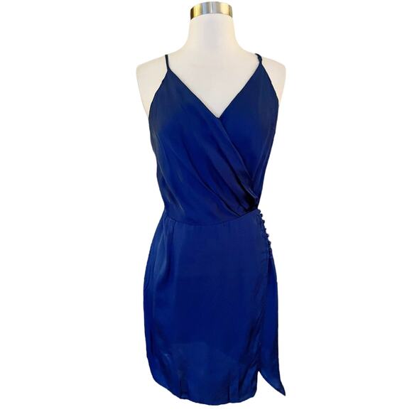 YOUNG FABULOUS and BROKE Blue Wrap Dress Mini Sleeveless V-Neck Satin Small NWT - Picture 2 of 9